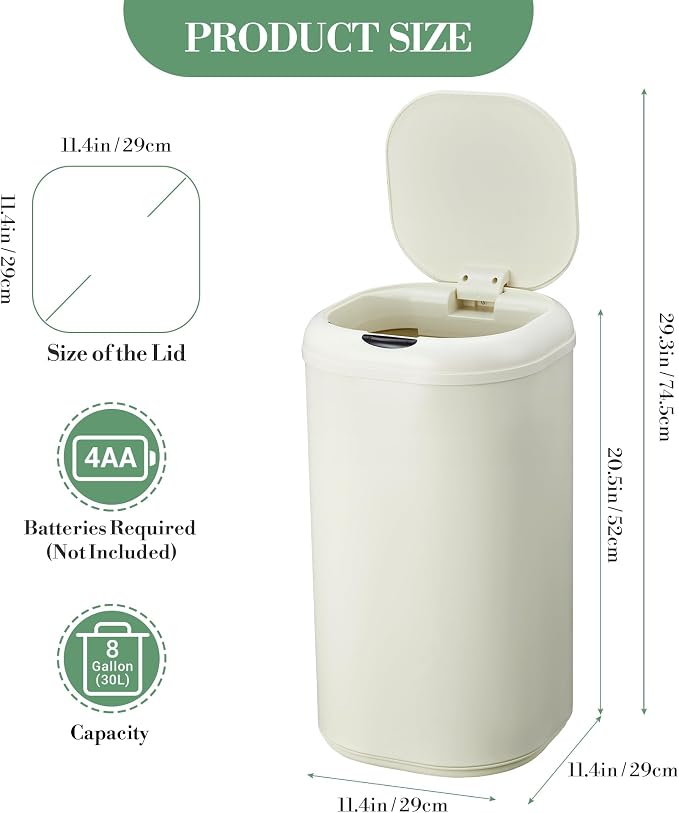 8 Gallon Automatic Sensor Kitchen Trash Can, Motion Sensor Garbage Bin, 30 Liter Touchless Smart Stainless Steel Waste Can with Lid for Bathroom Bedroom Office, Cream White