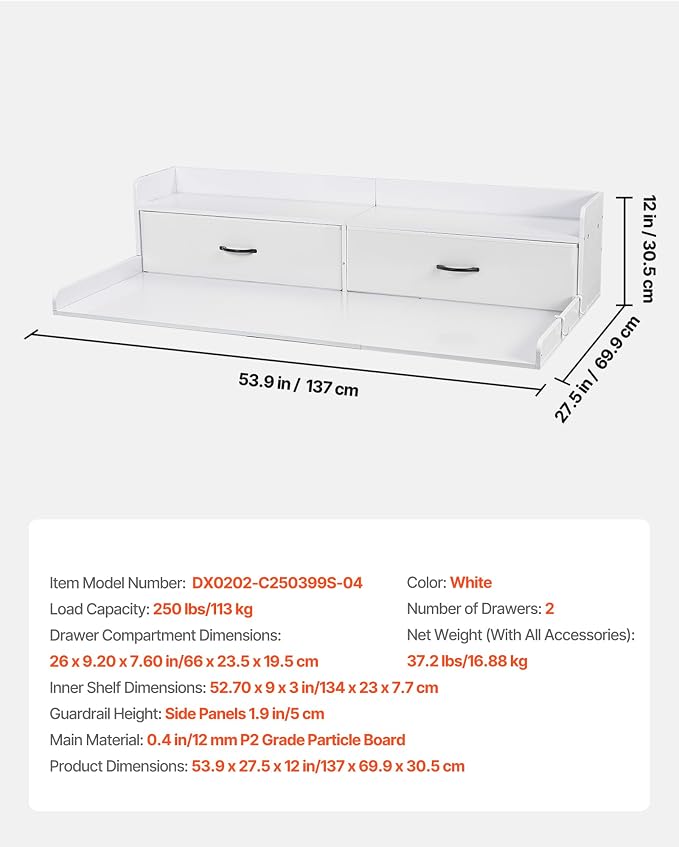 VEVOR 2 Drawers Washer Dryer Countertop with Shelf, 54" x 27" Wooden Laundry Countertop with 2 Hooks & Splicing Panels, Washer and Dryer Topper, Laundry Room Organization and Storage, White