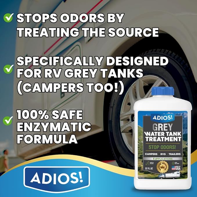 ADIOS! RV Black and Grey Tank Treament Kit - Stops Odors, Cleans Holding Tanks with Powerful Enzyme Action - Set of 32oz Bottles