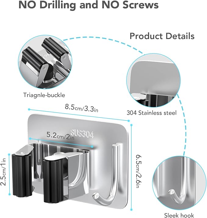 homeasy Mop Broom Holder No Drill, Mop Broom Organizer Wall Mounted Heavy Duty with Hooks Hanger, Self Adhesive Stainless Steel 4Pcs for Bathroom, Kitchen, Office (Multicolor)