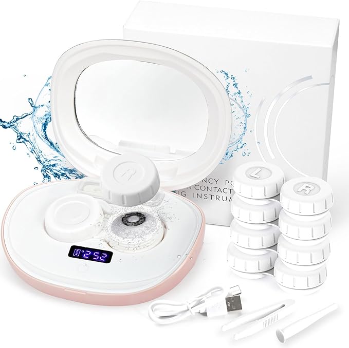 Contact Lens Cleaner, Portable Ultrasonic Contact Lens Cleaning Machine with USB Charger, LED Timer Display & 5 Contacts Solution Cases Kit for Soft Hard Colored RGP Lenses (Pink)