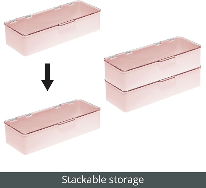 mDesign Long Plastic Cosmetic Storage Organizer Box Containers with Hinged Lid for Bedroom, Bathroom Vanity Shelf or Cabinet, Holds Masks, Palettes, Lotion, or Nail Polish, 2 Pack - Light Pink/Clear