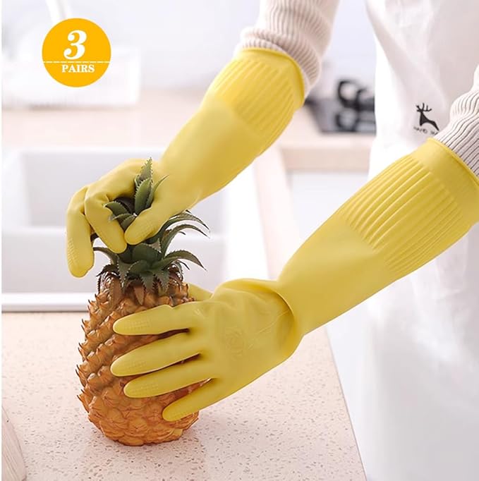 3- Pair 17.8 - Inch Elbow - Length Reusable Rubber Waterproof Household Cleaning and Kitchen Dishwashing Gloves - Large Size