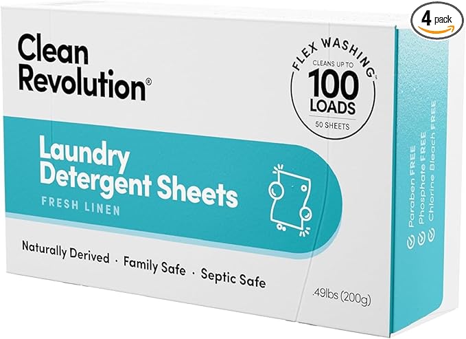 Clean Revolution Laundry Detergent Sheets, 200 Sheets, 400 Loads of Laundry, Fresh Linen, Septic Safe, Dissolves Completely