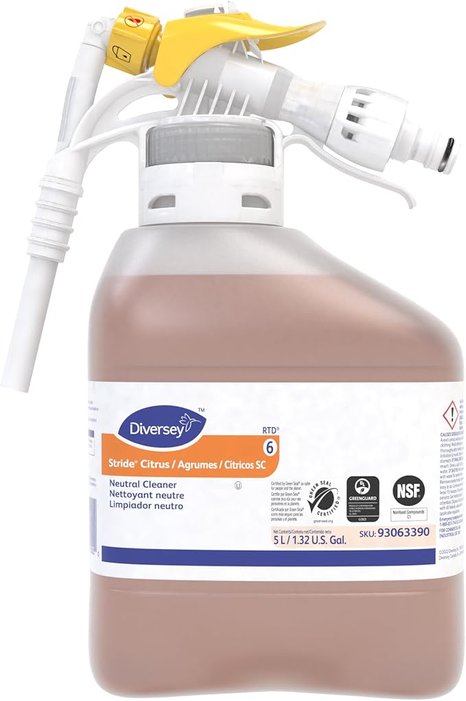 Diversey Stride Citrus Neutral Cleaner, RTD Dispensing System, 5 Liter | Low Foam, No Rinse, Film Free, Hard Surface Cleaner, Floor Care, Citrus Scent
