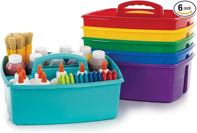 Storex 2-Compartment Large Craft Caddy – Multipurpose Classroom Organizer with Handle, Assorted Colors, 6-Pack (00948A06C)