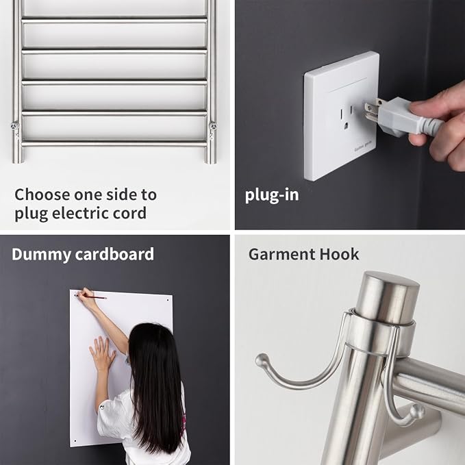 Wall Mounted Towel Warmer 12 Bars with Plug-in and Hardwired Options 3 Working Modes Brushed Stainless Steel 21” W 34” H
