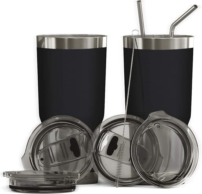 BluePeak Double Wall Vacuum Stainless Steel Insulated Tumblers Set, 2-Pack - Includes 2 Sipping Lids, 2 Spill-Proof Sliding Lids, 2 Straws, 1 Cleaning Brush & Gift Box (30 oz, Black)