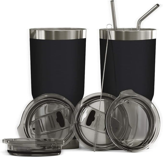 BluePeak Double Wall Vacuum Stainless Steel Insulated Tumblers Set, 2-Pack - Includes 2 Sipping Lids, 2 Spill-Proof Sliding Lids, 2 Straws, 1 Cleaning Brush & Gift Box (30 oz, Black)