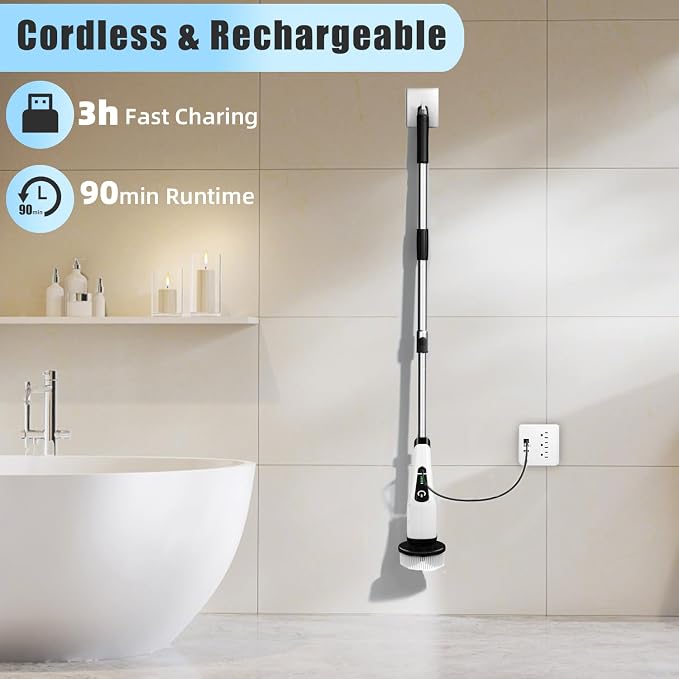 Electric Spin Scrubber for Cleaning Bathroom: Granvell Shower Cleaner Brush with 7 Replaceable Heads & Long Handle, Cordless Power Scrub Tools for Bath Tub Floor Tile