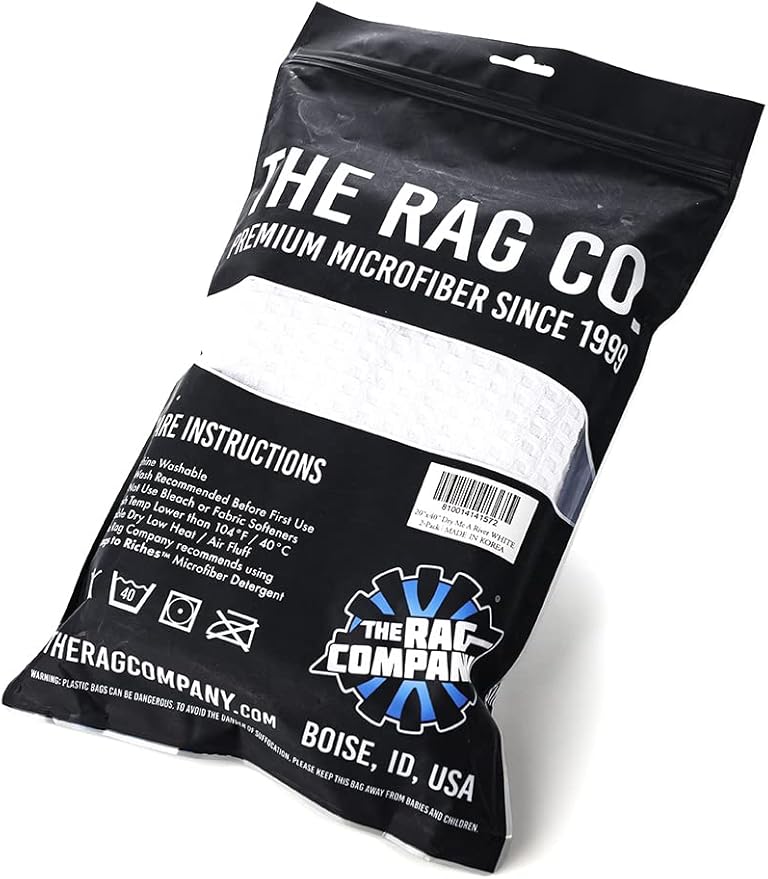 The Rag Company Dry Me A River, Professional Korean 70/30 Blend Microfiber Waffle-Weave Drying & Detailing Towels, Soft Suede Edges, 390 GSM, 20x40 Inches, White, 2-Pack