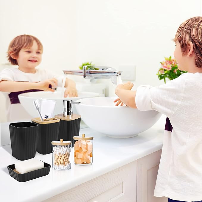 XLHOMO Bathroom Sets with Shower Curtain and Rugs,Black Bathroom Set with Bathroom Trash Can,Soap Dispenser,Toilet Brush,Toothbrush Set,Qtip Holders for Housewarming