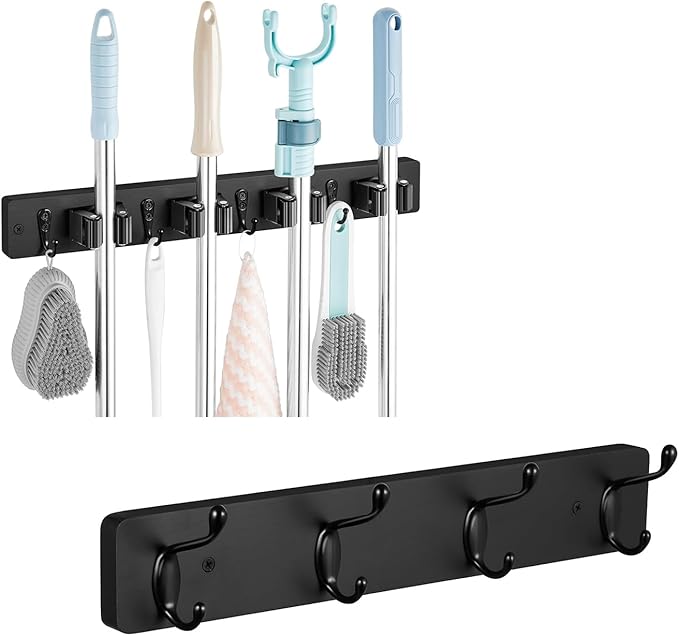 OUTNILI Broom Holder and Coat Rack Wall Mount Bundle