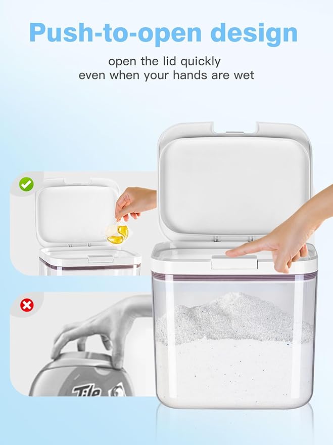 LivLab Mker Laundry detergent dispenser with One-Press Lid,Clear PET powder container with Measuring Cup, pods container 11L/25Lbs/400oz(540 Pods)