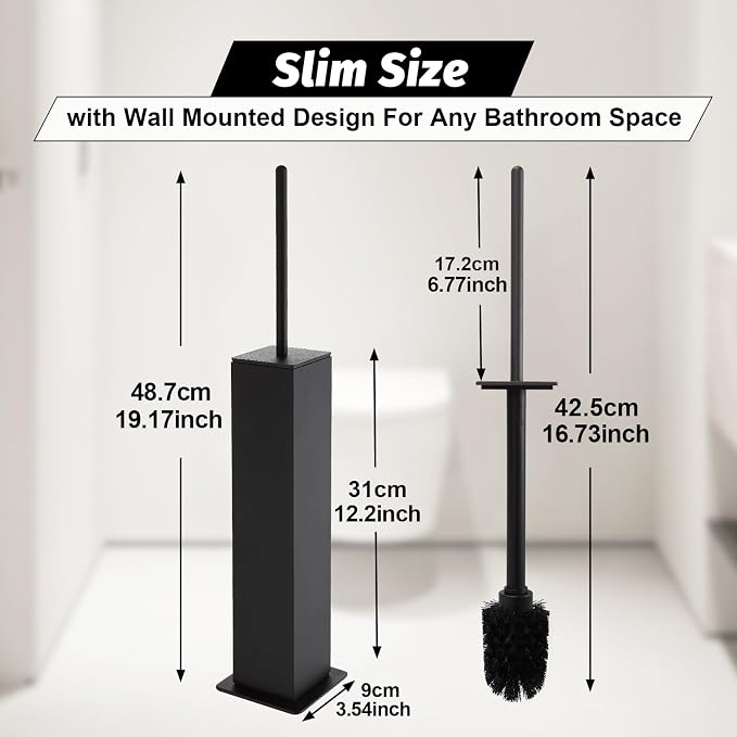 BGL Toilet Brush with Holder Set Matte Black Aluminium Standing for Bathroom Toilet Bowl Cleaner Brush and Holder Set, Square Design