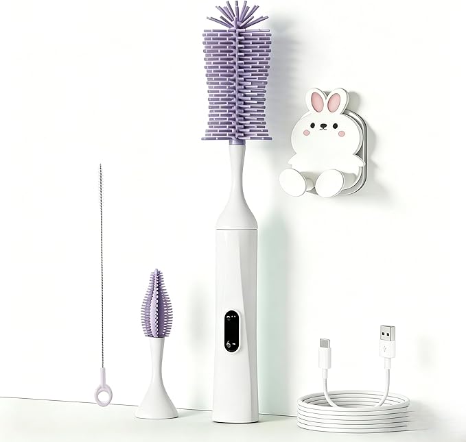 Rechargeable Electric Bottle Brush with 2 Speeds Powerful Automatic Bottle Cleaner,BPA-Free Silicone Spinning Design, Wall Mount & Straw Cleaner,Suitable for Baby Bottles & Kitchen (White+Purple)