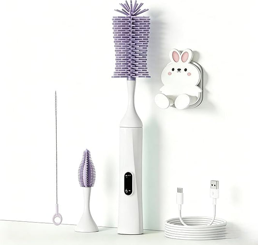 Rechargeable Electric Bottle Brush with 2 Speeds Powerful Automatic Bottle Cleaner,BPA-Free Silicone Spinning Design, Wall Mount & Straw Cleaner,Suitable for Baby Bottles & Kitchen (White+Purple)