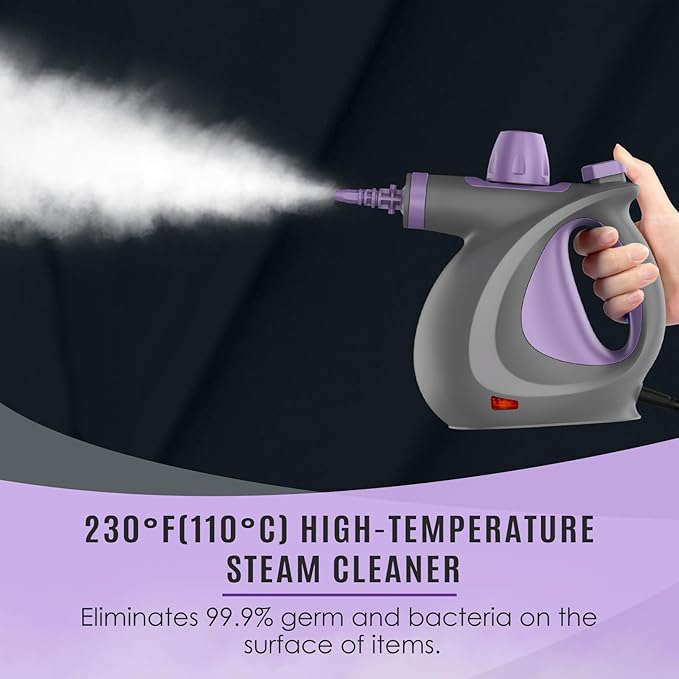 Pressurized Handheld Multi-Surface Natural Steam Cleaner with 12 pcs Accessories, Multi-Purpose Steamer for Home Use, Steamer for Cleaning Floor, Upholstery, Grout and Car (Grey) (Purple)