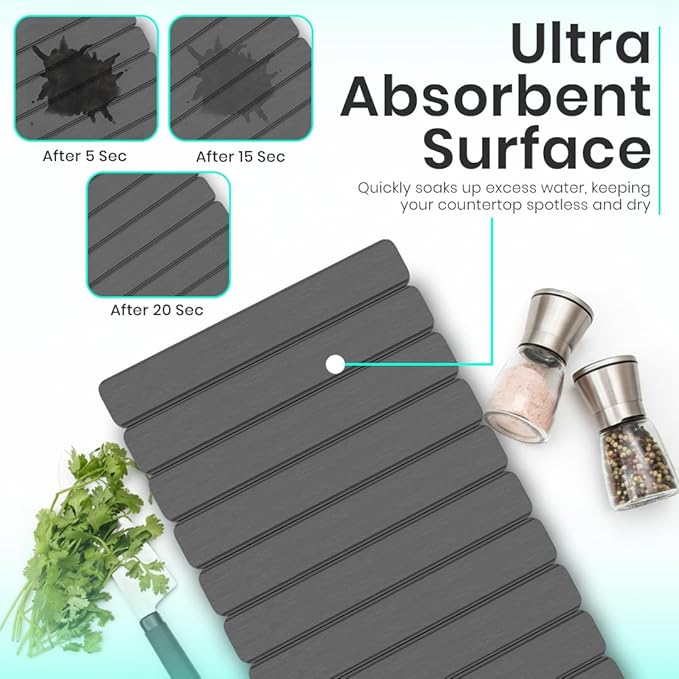 Stone Dish Drying Mat For Kitchen Counter - Fast-Drying 24"(L)×16"(W) Collapsable Diatomaceous Mat With Four Matching Stone Coasters - Versatile Stone Drying Mat for Cups, Dishes, Bottles