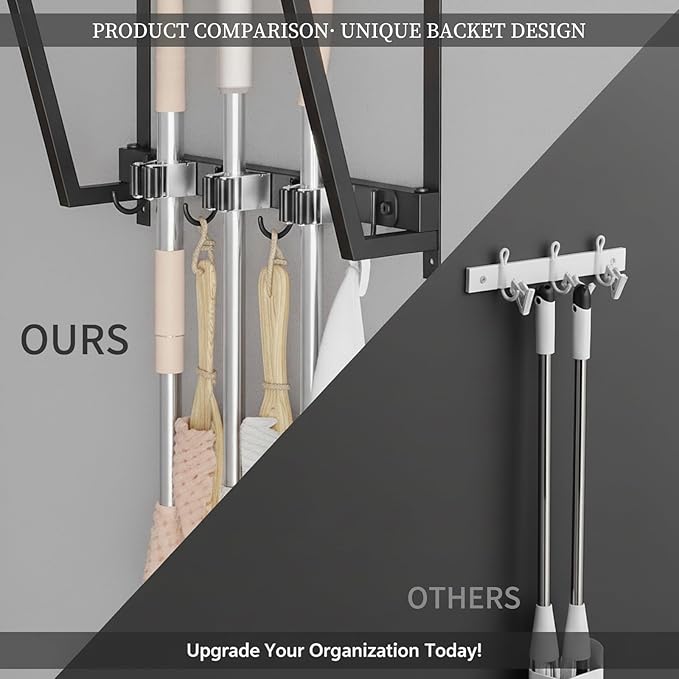 Broom Holder Wall Mount with 3 Storage Slots & 4 Utility Hooks, Rustic Wood All-in-One Mop Hanger, Cleaning Supplies Organizer and Tool Storage Rack for Laundry Room, Kitchen, Garage, Garden, Closet