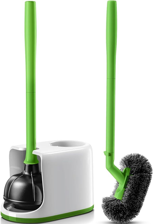 HAMITOR Toilet Plunger Bowl Brush Combo：Heavy Duty Rubber for Drain Clog Remover - Curved Design Bristles for Deep Cleaning Under Rim - Compact Bathroom Cleaning Tools for New Homet Essentials-Green
