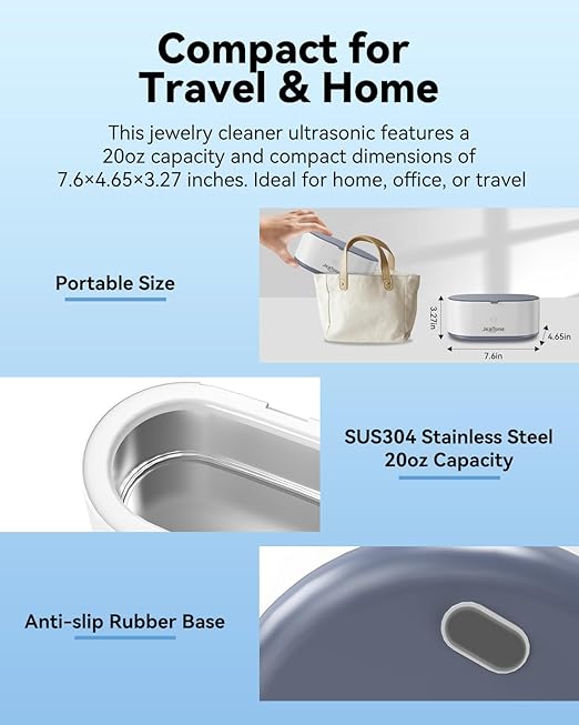 JeaTone Ultrasonic Jewelry Cleaner, 46KHz Professional Ultrasonic Cleaning Machine for Rings, Eyeglasses, Retainers, Dentures & Watches, 20oz Stainless Steel Sonic Jewelry Cleaner Pod