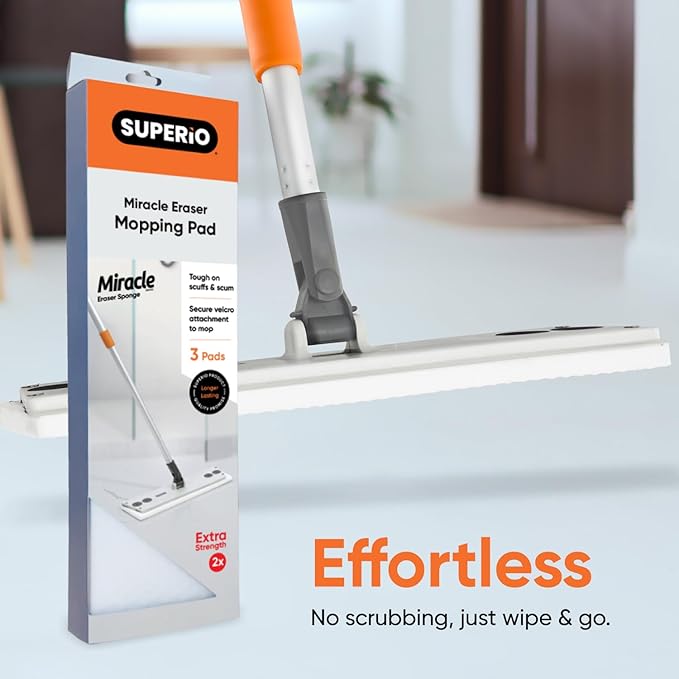 Superio Miracle Mop with 3 Magic Eraser Refils - Melamine Sponge Replacements- Telescopic Handle, Velcro Mop Head, Chemical-Free Cleaning for Tile, Vinyl, Marble, Stone