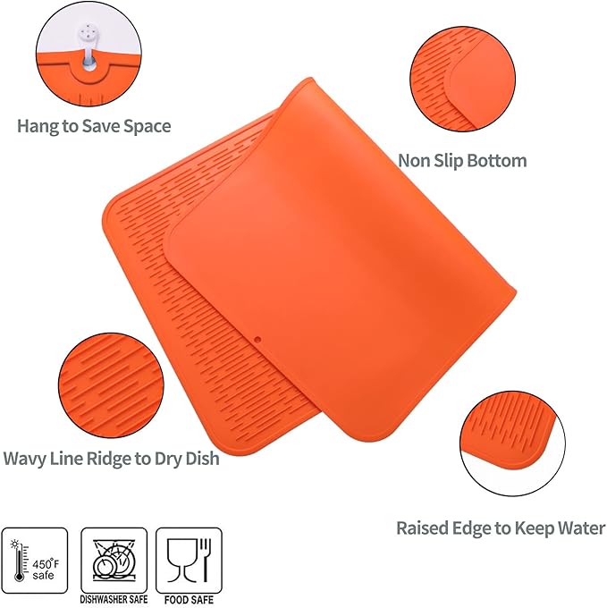 MicoYang Silicone Dish Drying Mat for Multiple Usage,Easy clean,Eco-friendly,Heat-resistant Silicone Mat for Kitchen Counter or Sink,Refrigerator or Drawer Liner Orange 3XL 28 inches x 18 inches