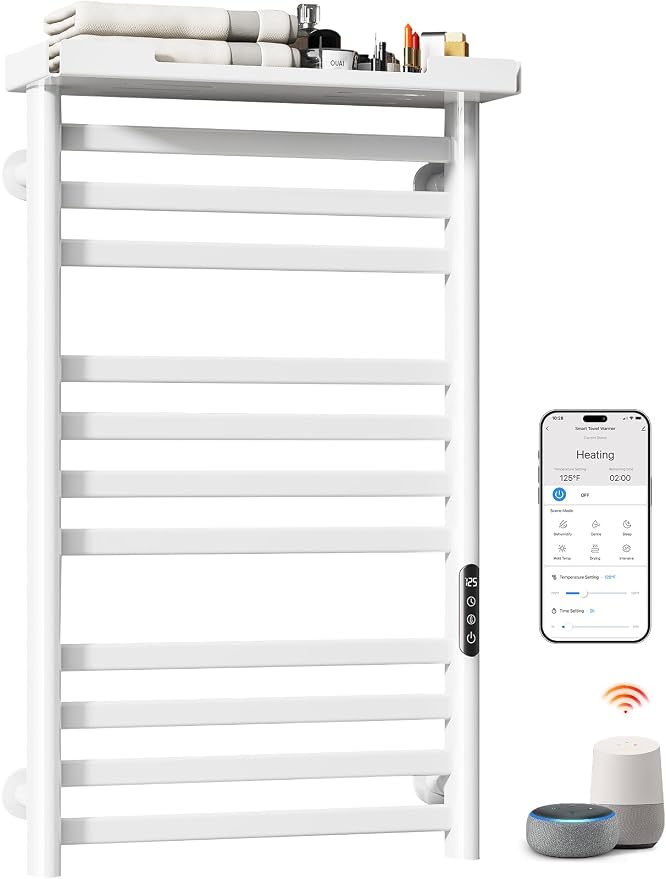 ENZE Smart Heated Towel Rack, 11-Bar Wall-Mounted Electric Towel Warmer with Shelf, Wi-Fi App Control, Adjustable Temperature & 24H Timer, Low Carbon Steel, IPX5, Plug-in/Hardwired, White