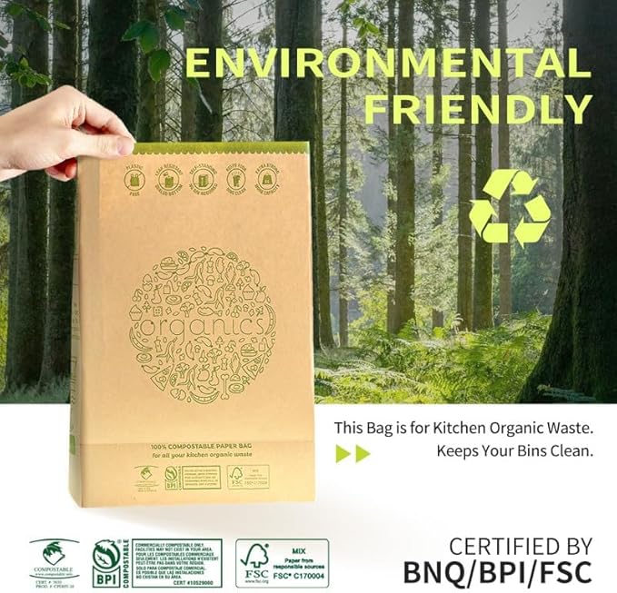 HYTREND-Kitchen Food Waste Bag-120 Bags-%100 Compostable paper Bag - Leak Resistant - Small-Certified by BNQ and BPI,CMA-I,CMA-W