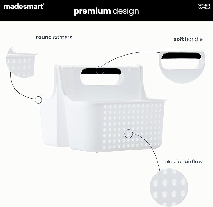 madesmart Large Portable Shower Tote, Plastic Bathroom Organizer Basket with Soft Grip Handle, Dorm Shower Caddy, Shampoo and Soap Holder, Cleaning Supplies Organizer, White
