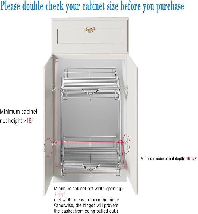 DINDON 2 Tier Pull Out Cabinet Organizer (11" W x 18" D) Heavy-Duty Metal Sliding Drawer Shelf, Two Tier Pull Out Shelves for Kitchen Cabinets, Pantry, Bathroom, Chrome Finish