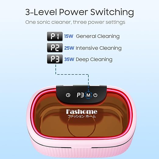 Ultrasonic Jewelry Cleaner Machine with 2×100ml Cleaning Solution, 45kHz Sonic Cleaner for Rings, Glasses & Watch Band, 550ML Stainless Steel Tank, 5 Timer, 3 Power Levels, Degas Mode-Pink