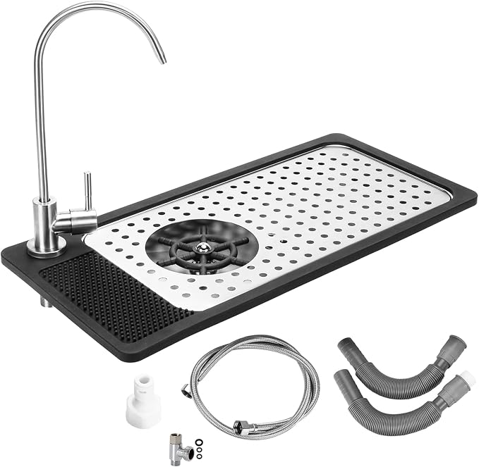 DIBTSA Pitcher Rinser, Stainless Steel Countertop Glass Rinser Cup Washer Sink with Side Spray,Drip Tray for Home Cafe Restaurant
