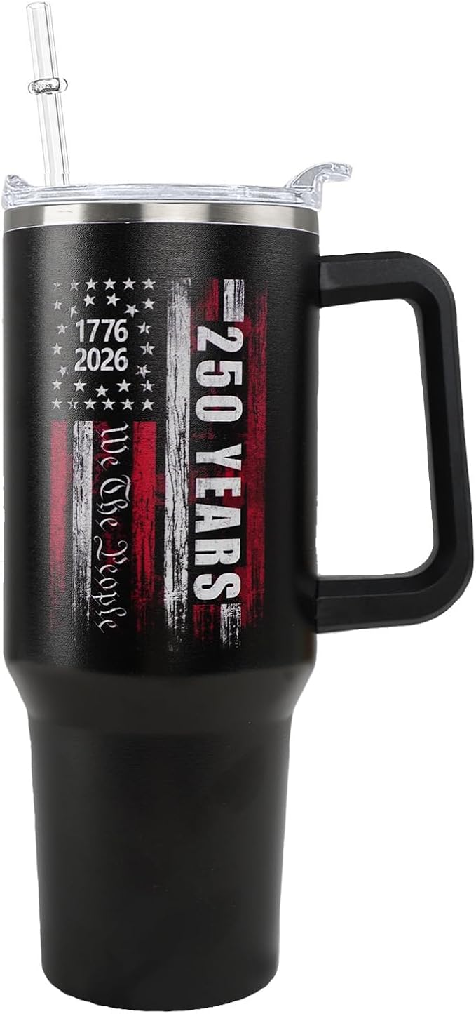 Ceovfoi 40 oz 250 Years 4th of July Tumbler with Handle Lid and Straw, Stainless Steel Insulated Coffee Mug Cup, 250th Independence Day Gifts for Men, 4th of July Decor Accessories
