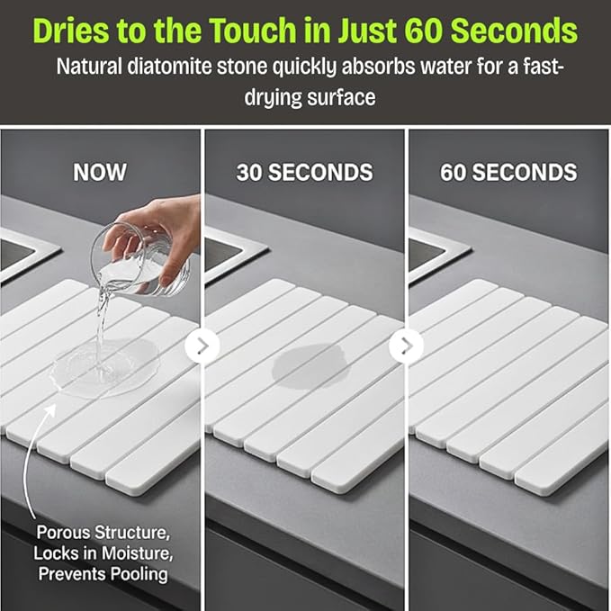 Stone Dish Drying Mat for Kitchen Counter, Large Quick Dry Diatomaceous Earth Stone Drying Mat, Foldable Water Absorbent Dish Drying Mat for Dishes, Cups, Bottles, Kitchen Sink & Countertop (White)