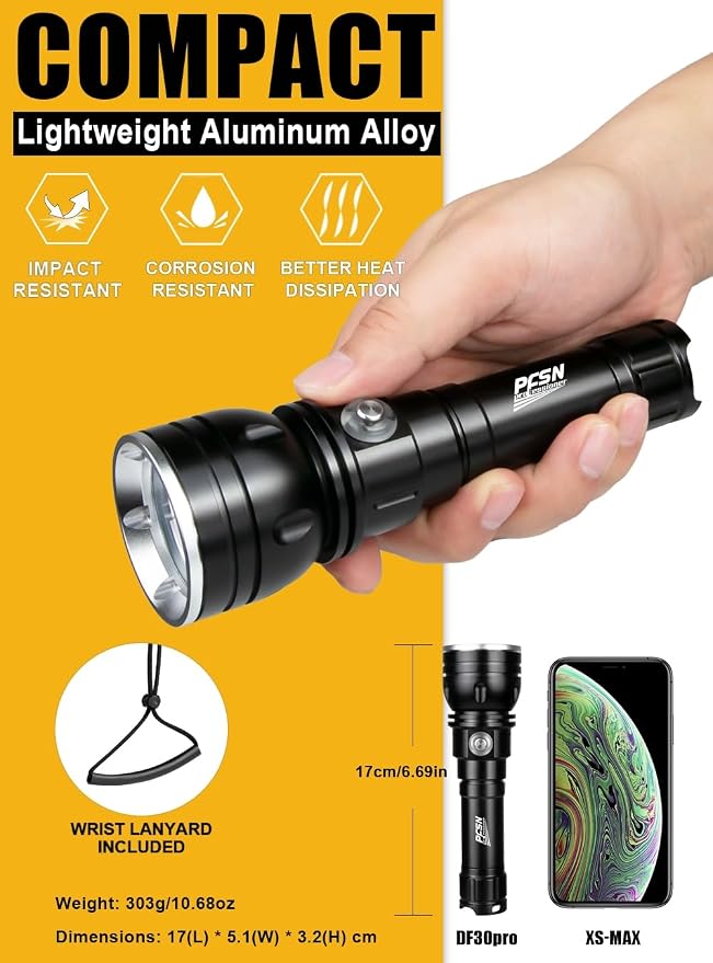 PFSN 3000 Lumens Dive Light with Lockable Switch, 150m Underwater Waterproof, 20H Runtime, 400m Long Narrow Beam, Rechargeable Professional Scuba Diving Flashlight for Night Diving, Caving, Snorkeling