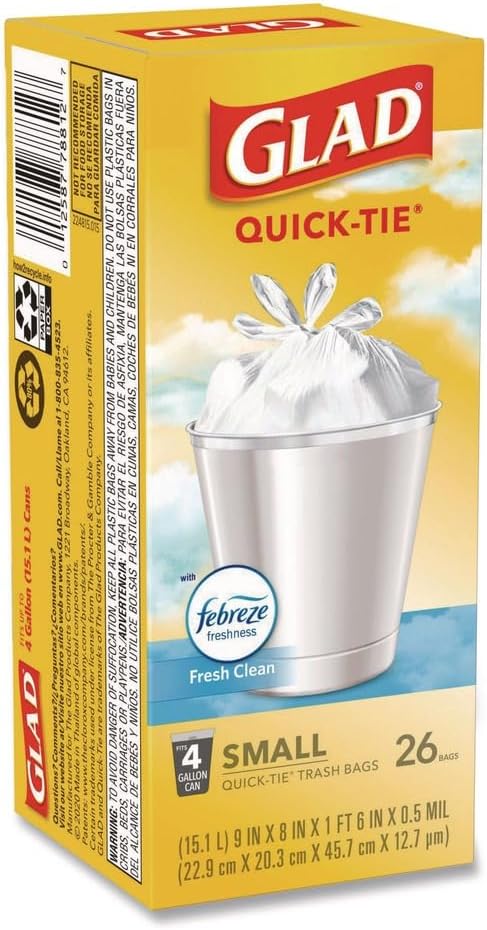 OdorShield Quick-Tie Small Trash Bags, 4 gal, 0.5 mil, 8" x 18", White, 156/Carton