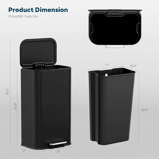 8 Gal/13.2 Gal Stainless Steel Kitchen Trash Can, Step Garbage Can with Soft-Close Lid & Removable Inner Bucket, Fingerprint-Proof Waste Bin with Wide Non-Slip Pedal for Home Office Bathroom