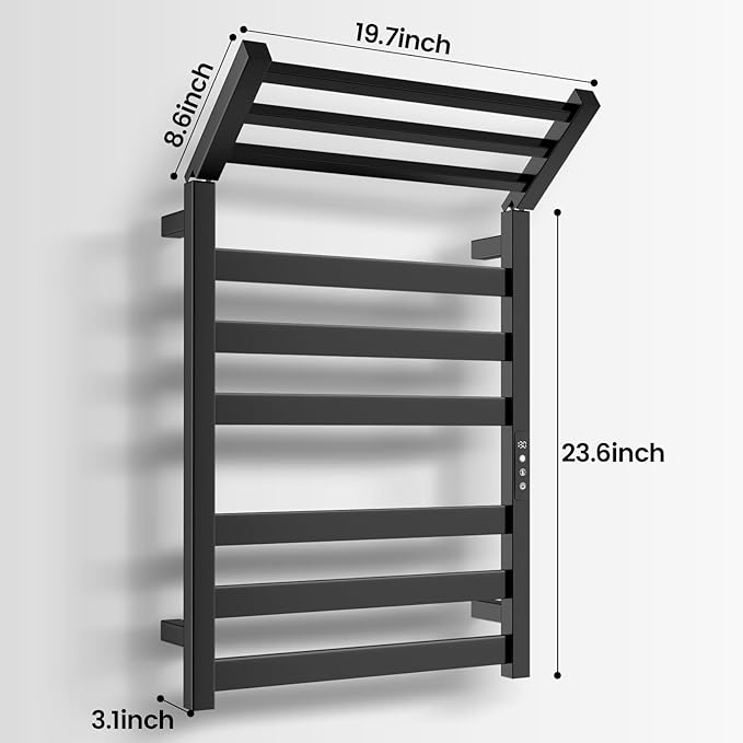 Tower Warmer Rack, 6 Bars Stainless Steel Wall Mounted Electric Heated Towel Rack for Bathroom, Built-in Timer, Hard-Wired & Plug in, Glossy Black (Glossy Black)