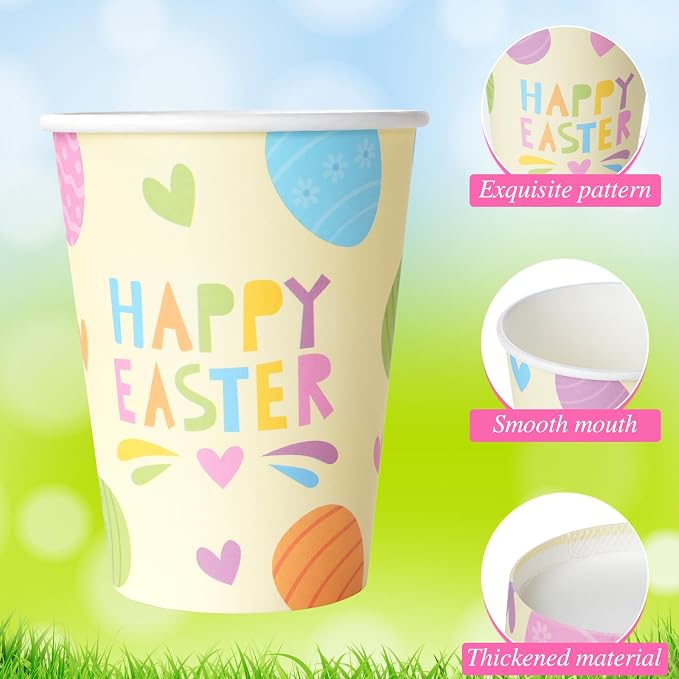 Pascliyna 100 Set Easter Disposable Coffee Cups with Lids, Bulk 12oz Colorful Eggs Paper Cups, Happy Easter Coffee Cups for Hot Chocolate Cold Drinks Spring Holiday Party Supplies Decorations