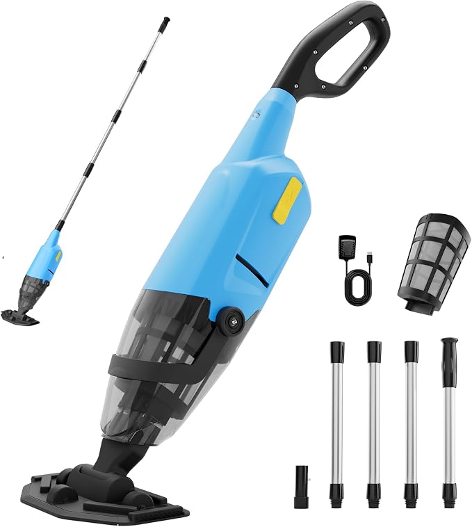 Handheld Pool Vacuum for Above Ground Pool, 4-Section Detachable Pole, 18 GPM Powerful Suction, 60 mins Runtime, 120μm Fine Filter, Cordless Pool Cleaner for Leaves, Sand and Debris, Blue