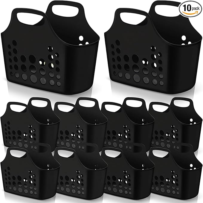 Nuogo 10 Pack Black Basket with Handles Plastic Oval Carry Totes with Handles Caddy Multipurpose Organizer Reusable for Bathroom Dorm Communal Showers Kitchen School, 10.6" x 6" x 10"