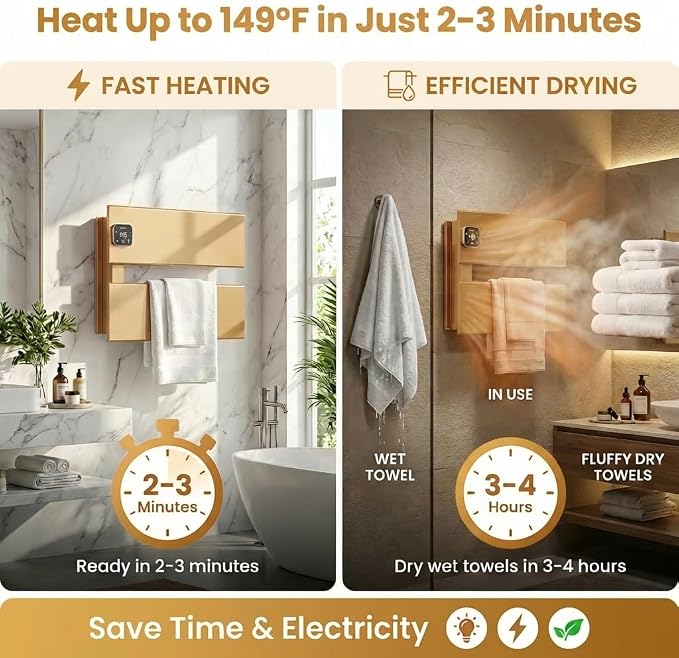 L Series Electric Towel Warmer for Bathroom, 2 Panel, Gold | Thermo Control and Timer, Fast Heat in 3 Mins, Dry Towels in 4 hrs, Memory Function, Work with Smart Plug, Left-Wiring