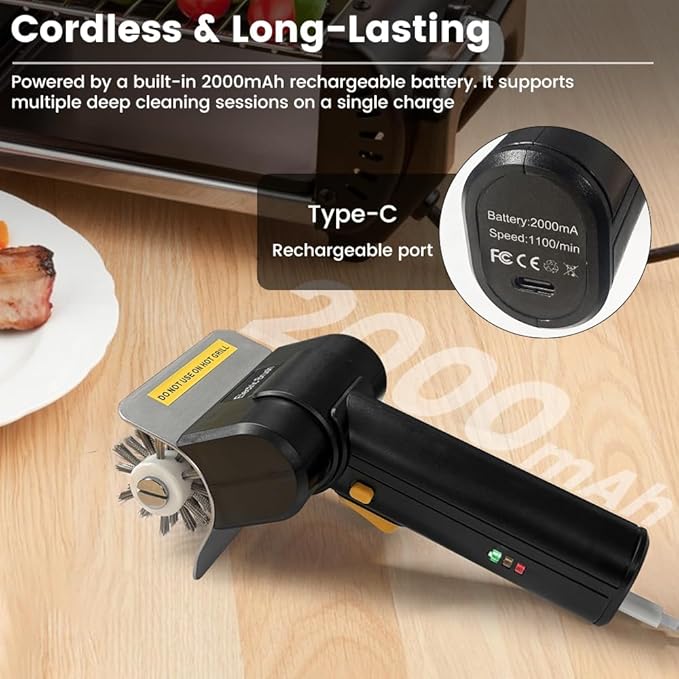 Electric Grill Brush for Outdoor Grill, 700–800 RPM Stainless Steel Bristles, 304 Removable Brush Head, Cordless & Type-C Rechargeable Grill Cleaning Tool for Outdoor BBQ, Griddles and Grates