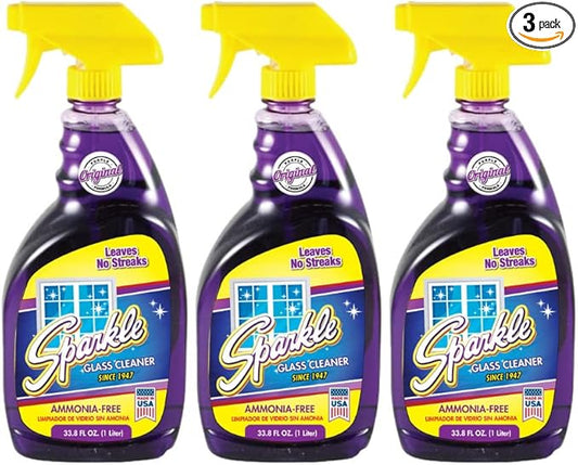 Sparkle Glass Cleaner Spray, Ammonia-Free Original Formula Glass Cleaner, Leaves No Streaks (33.8 Fl Oz, Pack of 3)