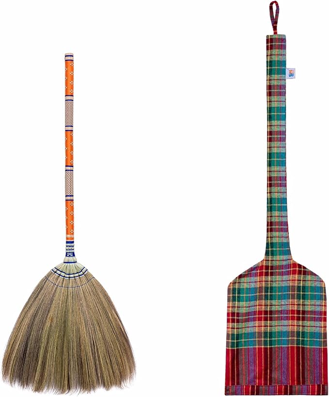 40 inch Length of Asian Flower Grass Broom Thai Natural Straw Broom Bamboo Stick Handle for Sweeping Dirt dust gaarbage and Home Decor (Thai Orange)