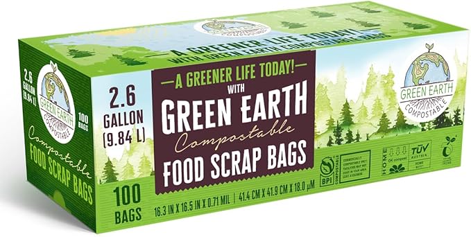 Green Earth Compostable Small Kitchen Food Scrap Trash Bags, Extra Thick 0.71 Mil, Compost Bin Compatible, 2.6 Gallon, 10 Liter, 100-Count, ASTM D6400, BPI (US) & OK Compost Home (EU) Certified