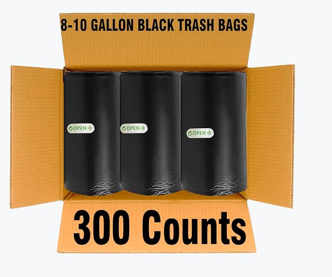 BEIDOU-PAC 8-10 Gallon Trash Bags, 300 Count Black Garbage bags, Multi-purpose Trash Can Bin Liners for Bathroom, Office, Industrial, Commercial, Janitorial, Municipal, Recycling