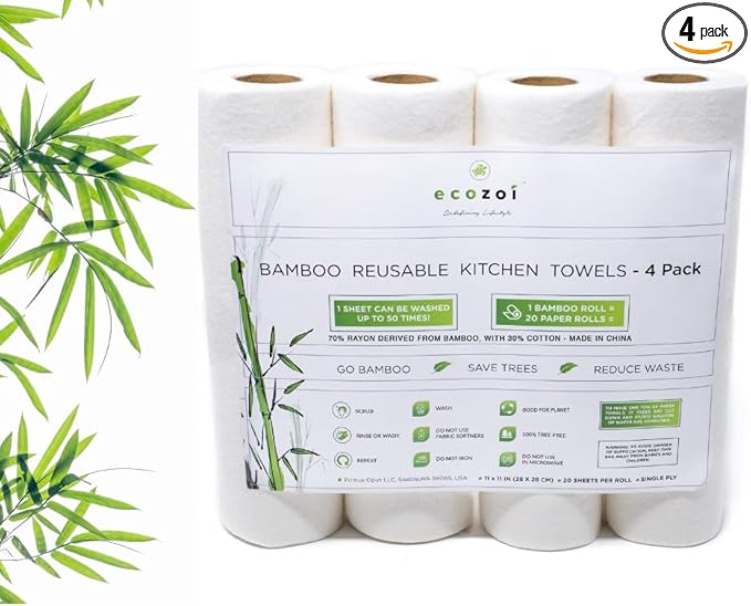 ecozoi Reusable Bamboo Paper Towels - 4 Pack | Rayon derived from Bamboo |Equivalent to 80 Regular Rolls | Sustainable Eco Friendly Kitchen Paper Rolls | 50 Times More Usage Than Regular Paper Rolls